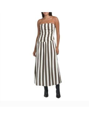 Moon River Brown & White Striped Strapless Tube Top Midi Dress Smocked Back Size